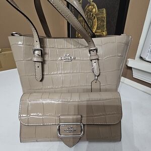 Coach Croc-Embossed Patent Leather Tote and Clutch Set in Taupe